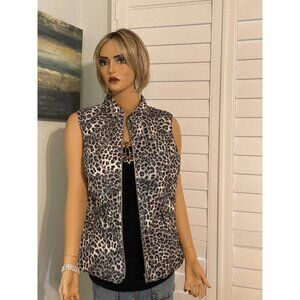 CHARTER CLUB MEDIUM LEOPARD BLACK GRAY MOCK DIAMOND QUILTED ZIP UP POCKET VEST